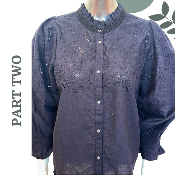 Part Two Black Statement Blouse | Eyelet Embroidered Puff Sleeve Shirt Size 8 - Picture 4 of 8